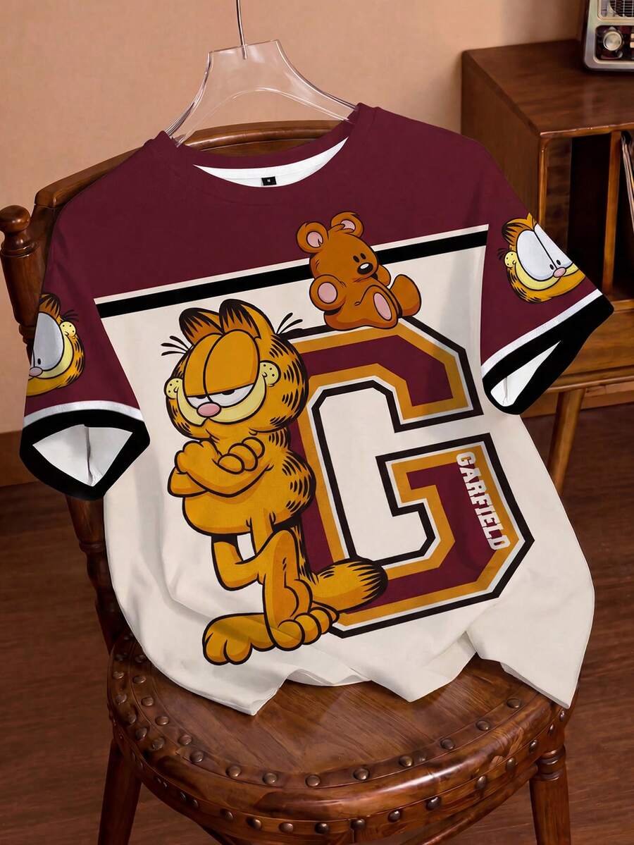 GARFIELD | SHEIN 大尺碼夏季休閒對比色貓咪與字母印花圓領短袖T恤 - 白色 - 查看 1