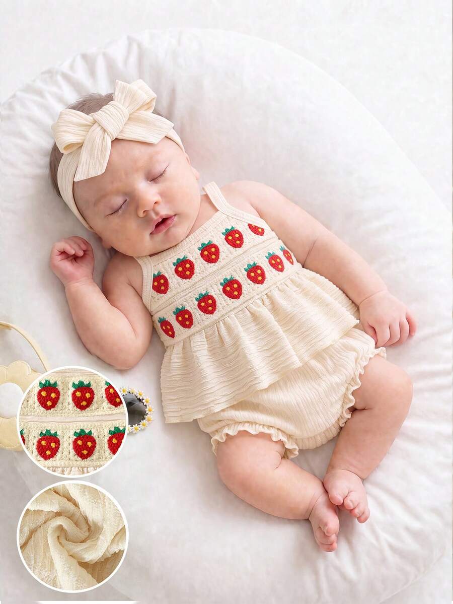 SHEIN Newborn Baby Girl Summer New Style Printed Pattern Cute Triangle Bib Set With Headband - Apricot - View 1