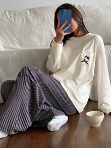 DAZY 2件組可愛貓咪圖案寬鬆長袖T恤與條紋直筒長睡褲女款睡衣套裝 - 彩色 - 查看 9