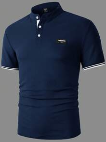 Manfinity Homme 男士條紋短袖休閒通勤 Polo 衫 - 寶藍色 - 查看 6