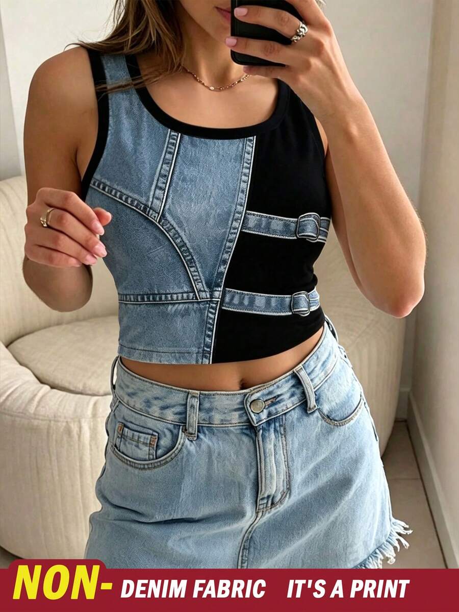 INAWLY Solva Women's Denim Effect Print Crew Neck Casual Cropped Tank Top - Multicolor - View 1