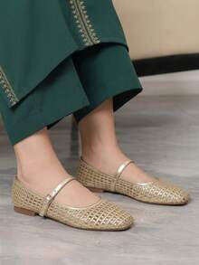Sleekvia Women's New Flat Shoes With Woven Upper, French Elegant Casual Flat Shoes - Gold - View 1