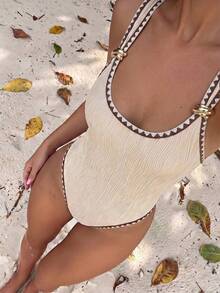 Bonvoyette Elegant Solid Color Textured Fabric Women's One-Piece Swimsuit, Multi-Strap Design With Metal Hardware Decoration, Suitable For Beach Vacation - Multicolor - View 1