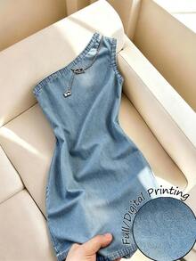 SHEIN Franclia Robe d'été pour femme, robe de vacances, robe de fête, robe de plage, tenue de sortie, tenue de vacances, robe de soirée, Y2K, tenue de travail, tenue de bureau, robe bleue, robe sexy, robe à épaule asymétrique, robe décontractée, robe moulante, mini robe, robe sans manches - Bleu azur - Voir 3