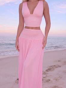 Turnttoni Women's Elegant V-Neck Camisole And High Waist Mesh Skirt 2-Piece Set, Spring/Summer Pink - Pink - View 3