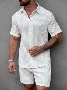 Manfinity CasualCool Men's Jacquard Textured Striped Short Sleeve Shirt And Shorts Set - White - View 5