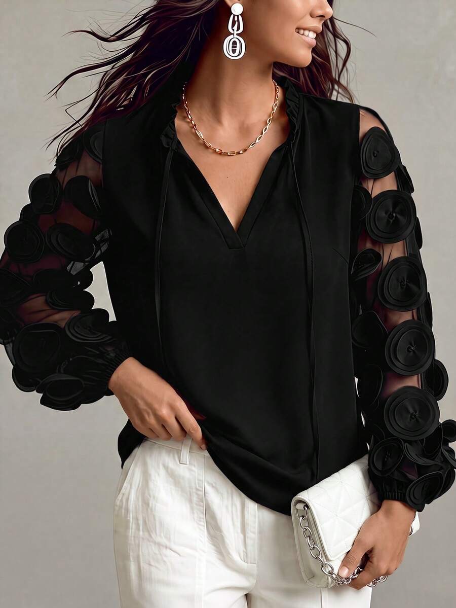 Velvienne Plus Size Versatile 3D Floral Mesh Blouse For Women - Black - View 1