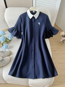 KidsTween Girl Casual Academy 7-Point Ruched Flare Long Sleeve Contrast Collar Small Logo Horse Embroidery A-Line Dress Navy Blue Deep Royal Blue Back To School Fashion Commute Street Style - Navy Blue - View 7
