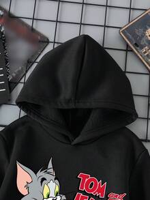 TOM & JERRY X SHEIN 年轻男孩卡通图案连帽保暖运动衫，适合秋冬季 - 黑色 - 查看 4