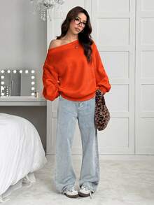 SHEIN EZwear 女款寬鬆白色保暖內裡不對稱肩領衛衣，秋冬款 - 橘色 - 查看 5