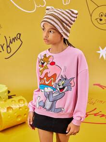 TOM & JERRY X SHEIN Tween Girl Cartoon Printed Pink Casual Loose Drop Shoulder Sweatshirt - Pink - View 7