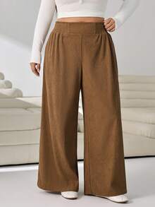 Solflare Plus Size Women's Solid Color Elastic Waist Wide Leg Loose Long Pants - Brown - View 4