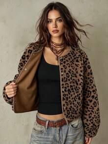 Franclia Women's Regular Leopard Print Jacket, Warm For Autumn/Winter - Multicolor - View 3