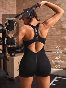 Powerista Women's Letter Print Casual Daily Outing Sports Romper Hesign, High Elasticity, Flattering Fit, Suitable For Strength Training And Fitness Jumpsuit - Black - View 2