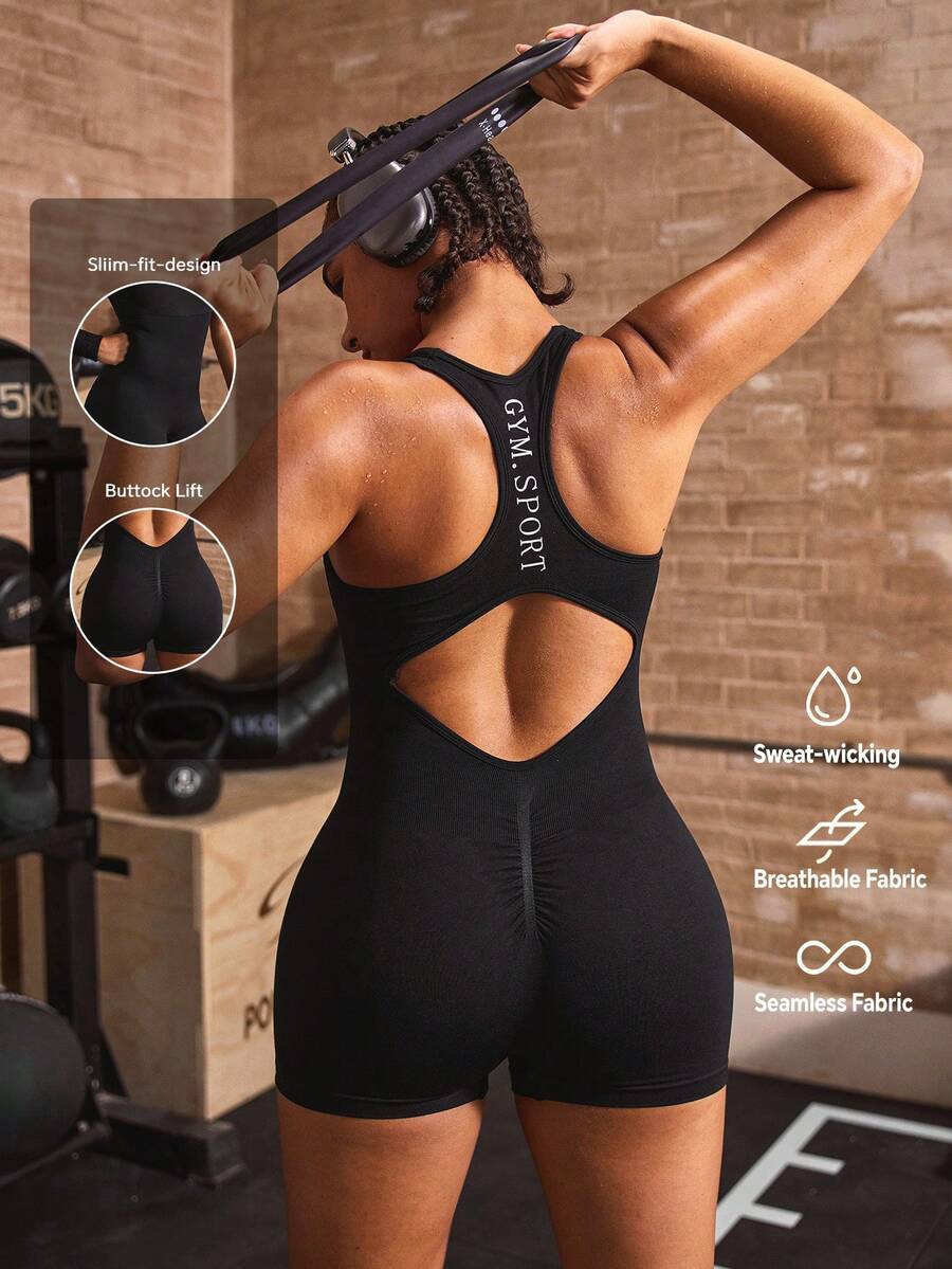 Powerista Women's Letter Print Casual Daily Outing Sports Romper Hesign, High Elasticity, Flattering Fit, Suitable For Strength Training And Fitness Jumpsuit