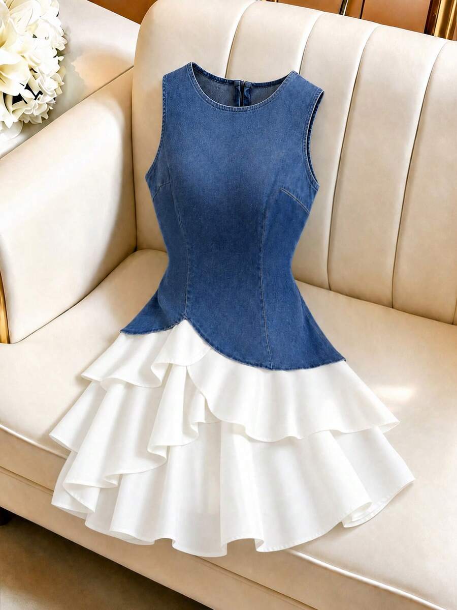 SHEIN MOD 女款圓領拼色休閒日常牛仔洋裝 - 藍色 - 查看 1