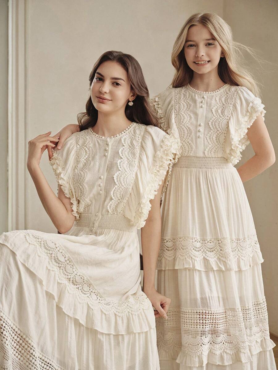 Anewsta Abito da festa di giugno estivo elegante con scollo rotondo, vita arricciata, patchwork e bordo in pizzo, abito da ragazza, abiti da sera e da occasione di lusso, matrimonio, festa - Albicocca - Visualizzare 1