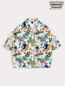 LOONEY TUNES X SHEIN FROVYX Men's Letter Cartoon Print Short Sleeve Single-Breasted Cropped Shirt Vacation White Summer Streetwear - Multicolor - View 1