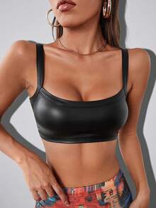 SHEIN ICON Top de tirantes corto unicolor PU - Negro - Ver 6