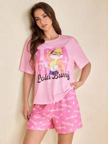 LOONEY TUNES X SHEIN 女款字母卡通印花短袖上衣與短褲休閒日常居家睡衣套裝 - 粉色 - 查看 4