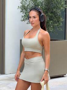 Harriette Anya 纯色挂脖休闲上衣和下装女士运动套装 - 綠色 - 查看 6