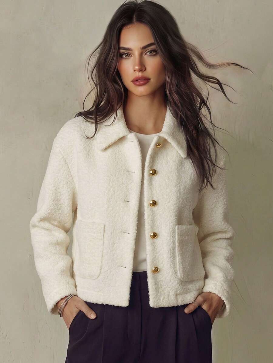 Franclia 女式休闲衬衫领长袖口袋金纽扣装饰羊毛夹克,秋冬 - 米色 - 查看 1