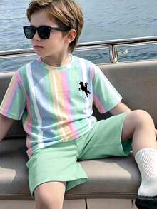 Kids Tween Boy Street Style Casual Loose Sports Racing Letter Print Crew Neck Short Sleeve T-Shirt And Shorts 2-Piece Set, Suitable For Commuting, School, Daily Casual Outings, Sports, Spring And Summer - Blue - View 5