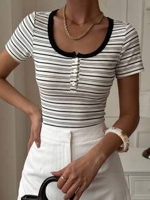 DAZY Women's Casual Commuting Contrast Stripe Print Scoop Neck Half-Button Front Short Sleeve Fitted T-Shirt, Summer - Black and White - View 8