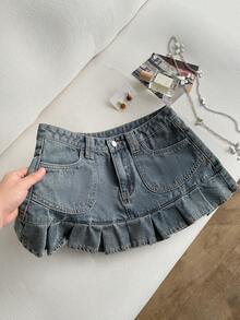 Rivivi Tall Women's Summer Casual Pleated Hem Denim Skirt - Blue - View 3