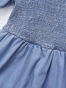 GlowEve Plus Size Denim Square Neck Lantern Sleeve Short Sleeve Top Dates Vacation Light Blue Summer Kawaii Fairy Beach Going Out Casual Sexy - Blue - View 4