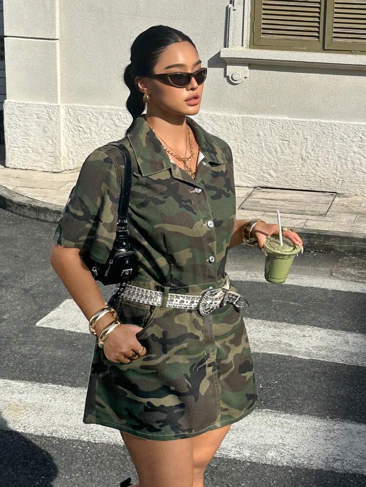 non bodycon mini dress Rivivi Plus Size Women's Non-Stretch Denim Dress, Fashionable Denim Cargo Style Style Dress, Summer Lapel Short Sleeve Waist-Cinched Slimming Dress, Casual Camouflage Dress, Cowboy Outfits For Women Blue Prom Dresses In Body Con Size:US 9 / EU 40 Fully lined