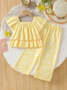 Elladie kids 2件組少女可愛甜美雛菊花卉印花方領泡泡袖上衣 + 優雅休閒寬腿褲套裝 - 黃色 - 查看 2