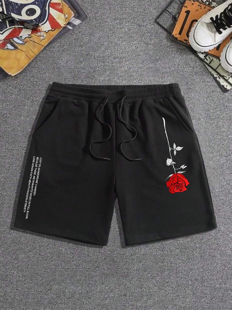 Manfinity Roghcode 男士花卉和标语印花抽绳腰短裤外出时尚抽绳运动短裤,适合送给丈夫、男朋友的礼物 - 黑色 - 查看 1
