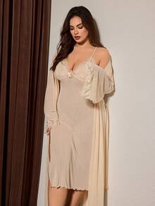 Slumberist Plus Size Soft Style Lace Patchwork Long Sleeve Robe Lightweight Luxury Tie Waist Outerwear Morning Robe Women's Sleepwear 2-Piece Set Beige - Apricot - View 6
