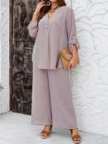 EMERY ROSE Plus Size Women's Autumn Plaid Print Long Sleeve Shirt And Pants 2 Pieces Set Fall - Multicolor - View 4
