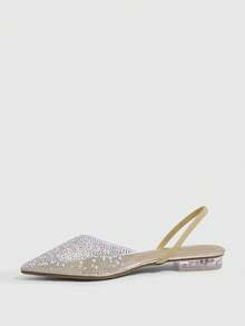 CUCCOO SZL Women's Fashion And Elegance Pointed V-Cut Low Heel Slingback Party Shoes. Transparent TPU Fabric Contrasting Color Hot Pearl Colored Rhinestones - Gold - View 4