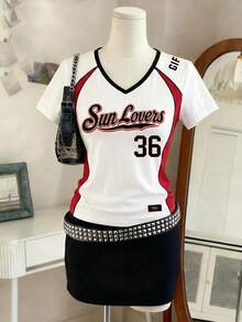 Rovax 女款夏季復古街頭風 Blokecore 字母印花插肩袖短袖修身 Y2K Hot Girl Cleanfit 運動球衣休閒 T-shirt 紅白配色 - 彩色 - 查看 4