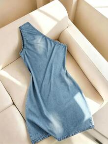 SHEIN Franclia Robe d'été pour femme, robe de vacances, robe de fête, robe de plage, tenue de sortie, tenue de vacances, robe de soirée, Y2K, tenue de travail, tenue de bureau, robe bleue, robe sexy, robe à épaule asymétrique, robe décontractée, robe moulante, mini robe, robe sans manches - Bleu azur - Voir 2
