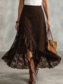 LanaWest Women's Western Casual Lace Elastic Waist Ruffle Hem Slit Skirt - Brown - View 1