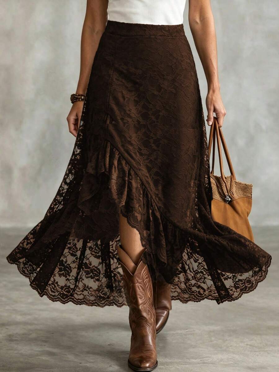 LanaWest Women's Western Casual Lace Elastic Waist Ruffle Hem Slit Skirt - Brown - View 1
