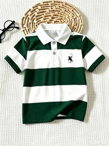 男童針織 Polo 衫，拼色拼接幾何印花圖案上衣，適合外出、學校或派對，夏季上衣 - 綠色 - 查看 1