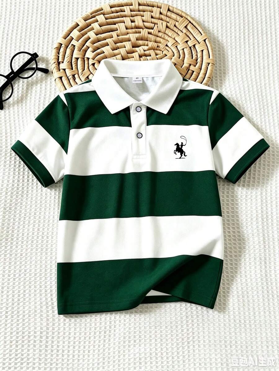 男童針織 Polo 衫,拼色拼接幾何印花圖案上衣,適合外出、學校或派對,夏季上衣 - 綠色 - 查看 1