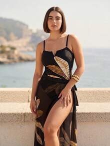 SHEIN Swim Plus Size Women's 2pcs Gold Spaghetti Strap One-Piece Swimsuit With Matching Mesh Maxi Skirt Bikini Set Set Beach Summer - Multicolor - View 5