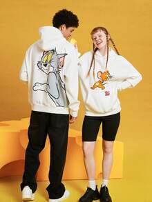 TOM & JERRY X SHEIN هوديي مطبوع بطبعة كرتونية قطعة واحدة، ملابس علوية بأكمام طويلة يناسب الجنسين - أبيض - مشاهدة 6