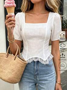 Selenza 女款白色方領蕾絲飾邊修身棉質襯衫，適合春季休閒日常穿著、通勤及秋季辦公室使用 - 白色 - 查看 7