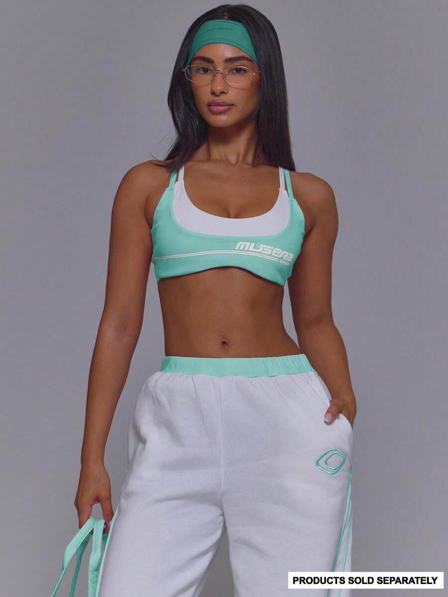 Musera Sport Strappy Double Layered Logo Scoop Neck Cross Back Sports Active Bra Coord Top Only Cute Vintage Y2K Gym Pilates Running Daily Vintage Active - Aqua Blue - View 1