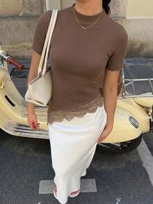 Serisse Women's Elegant Lace Patchwork Stand Collar Short Sleeve Knit Top Autumn Winter Layering Slim Fit Knitted Shirt - Brown - View 6