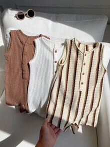 SHEIN 3件裝新生兒男嬰女嬰通用嬰兒服裝，可愛夏季度假休閒條紋鈕扣無袖連身褲，適合外出度假穿著 - 彩色 - 查看 1