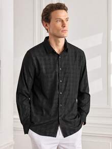 Men's Plaid Regular Fit Long Sleeve Button-Front Casual Dress Shirt - Black - View 7