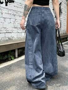 Dazy Plus Celana Jeans Panjang Model Longgar Lebar dengan Desain Ikat Pinggang Denim Vintage, Gaya Blogger, Pas Badan, dan Ramping, Cocok untuk Musim Semi, Gugur, dan Musim Dingin. - Medium Wash - View 3